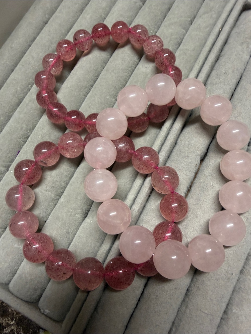 Pink Rose Quartz and Strawberry Quartz Beaded Bracelet Set